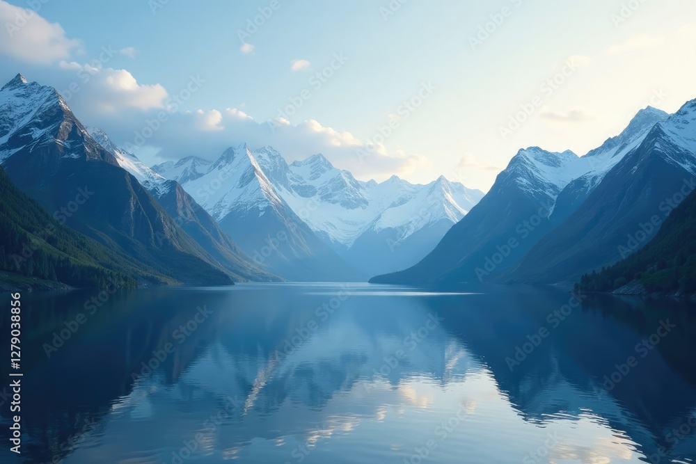 Fototapeta Majestic mountain range above serene and calm fjord, solitude, landscape