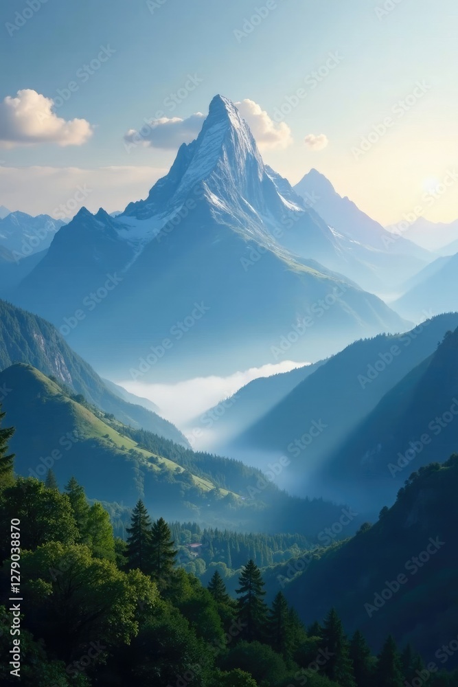 Fototapeta premium Majestic mountains towering above the misty veil, hills, bright, majestic