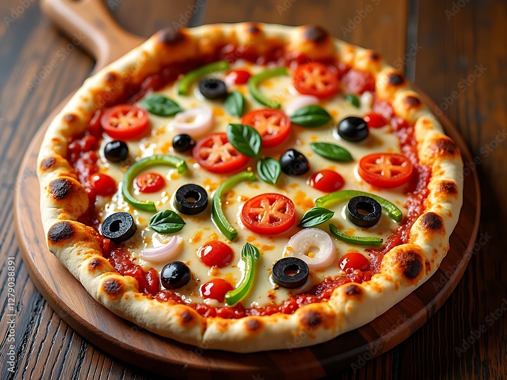 Deliciously melted cheese pizza with colorful toppings on a shiny wooden table. Deliciously melted cheese pizza with colorful toppings on a shiny wooden table.