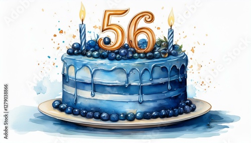 Illustration of decorated blue cake for birthday or anniversary party. Number 56, fifty-sixth birthday celebration photo