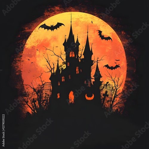 Haunted medieval castle with silhouettes of bats gravestones and a large glowing full moon in a dark eerie Halloween landscape