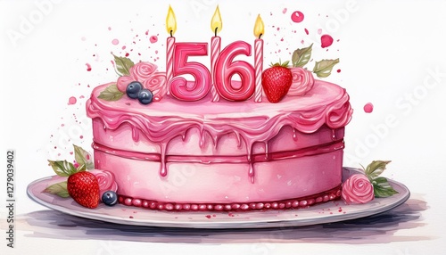 Illustration of decorated pink cake for birthday or anniversary party. Number 56, fifty-sixth birthday celebration photo