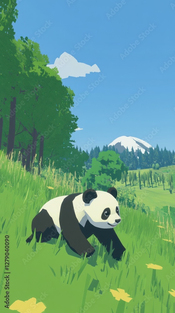 Adorable panda cub playing in a lush green meadow. Adorable panda cub playing in a lush green meadow.