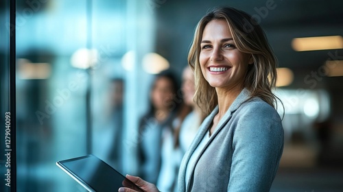 A professional class model businesswoman in a modern office setting, confidently presenting a digital tablet to a diverse group of colleagues, with a clean and minimalist background