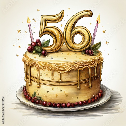 Illustration of decorated gold cake for birthday or anniversary party. Number 56, fifty-sixth birthday celebration photo