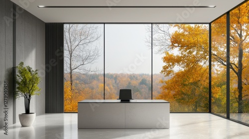 Modern office interior with large windows showcasing autumn foliage, minimalistic design and natural light illuminating workspace