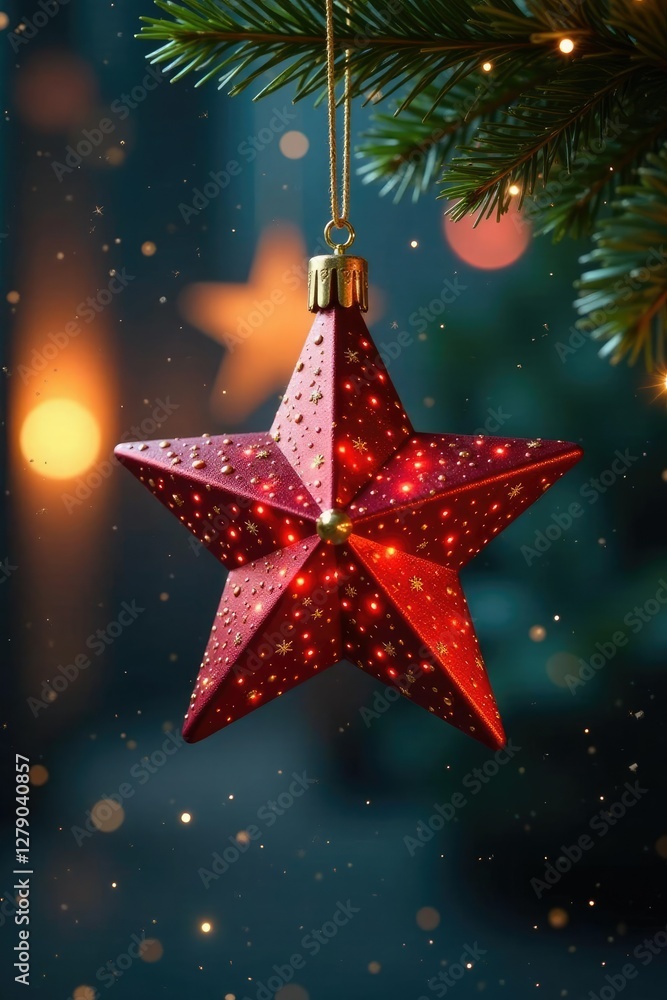 Red and golden Christmas star hanging from the ceiling, festive, ceiling decoration, hanging ornament Red and golden Christmas star hanging from the ceiling, festive, ceiling decoration, hanging ornament