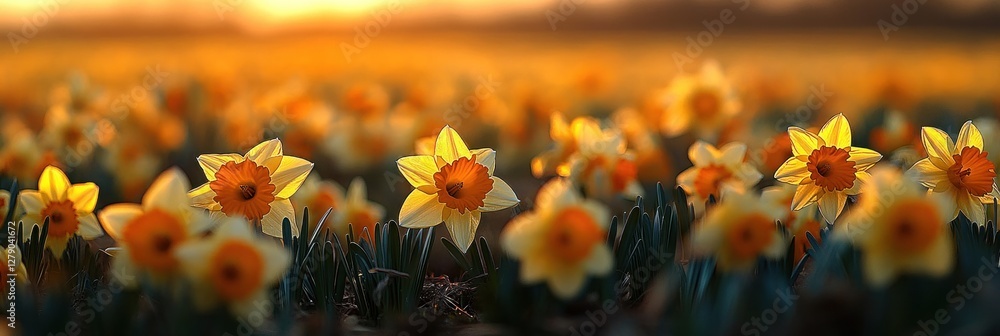 Golden hour sunlight illuminates a field of daffodils. Golden hour sunlight illuminates a field of daffodils.