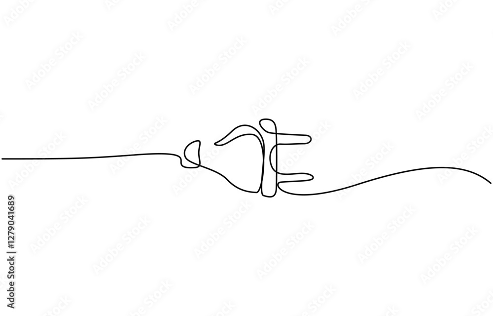 Obraz premium Continuous line art plug energy power storage electric rechargeable supply, One continuous line drawing of plug inserting into electric outlet. Power socket energy disconnect in simple linear style.