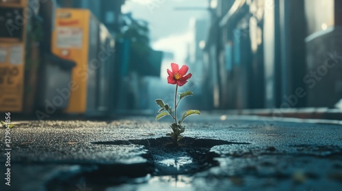 Single red flower growing from cracked asphalt road.