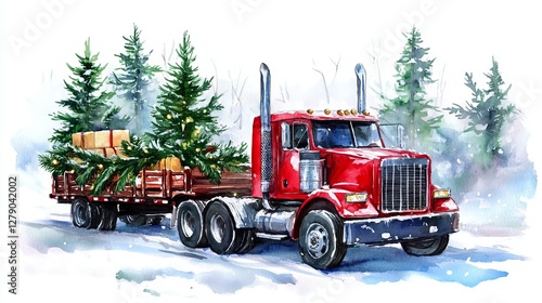 Watercolor Christmas Truck Delivering Trees Through A Winter Wonderland.