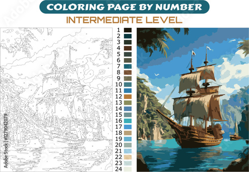 Coloring Page by Number | Historical Pirate Ship Art for Relaxation