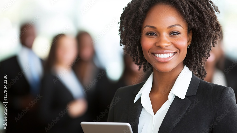 A professional class model businesswoman in a modern office setting, confidently presenting a digital tablet to a diverse group of colleagues, with a clean and minimalist background A professional class model businesswoman in a modern office setting, confidently presenting a digital tablet to a diverse group of colleagues, with a clean and minimalist background