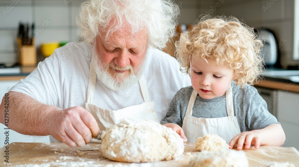 Grandparent and grandchild kneading dough in kitchen. Possible use Family, cooking, bonding, lifestyle Grandparent and grandchild kneading dough in kitchen. Possible use Family, cooking, bonding, lifestyle