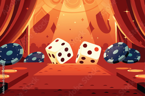Create a fun, cartoon-style casino background featuring oversized playing cards, chips, and dice.  Include vibrant colors and a playful atmosphere.