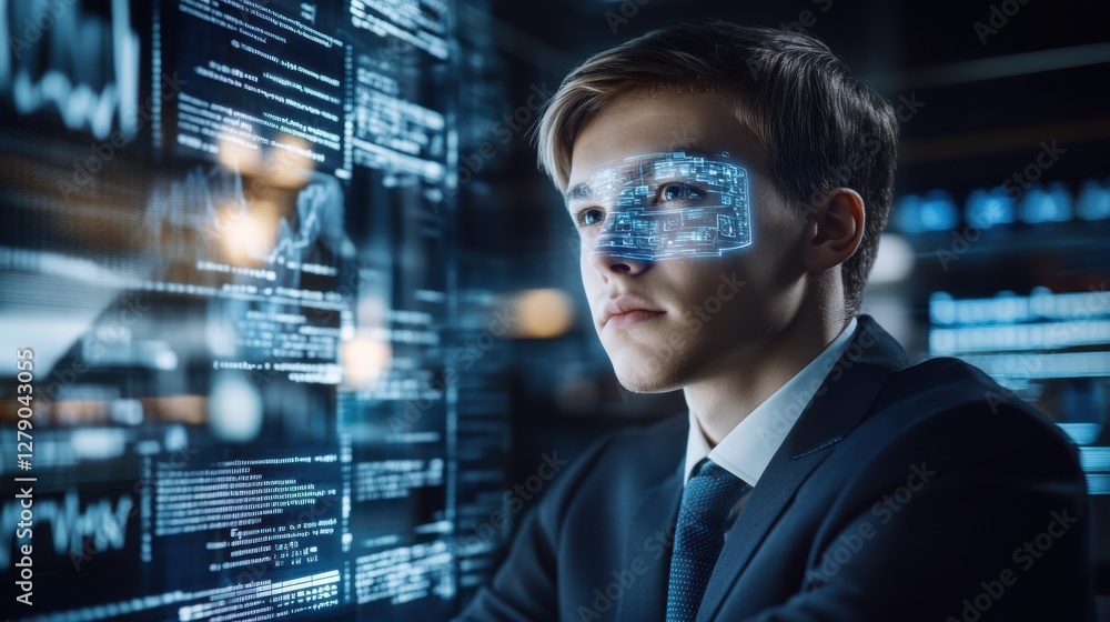 Safety and Security Protocols A young man in a suit gazes at digital data on screens, with a futuristic overlay on his face. Safety and Security Protocols A young man in a suit gazes at digital data on screens, with a futuristic overlay on his face.