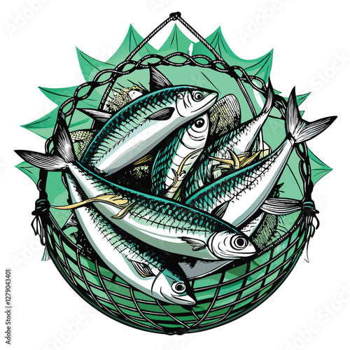 A brimming fishing net overflowing with glistening, freshly-caught mackerel, still wet from the sea.  The net's texture and the fish's silvery scales are sharply detailed.
