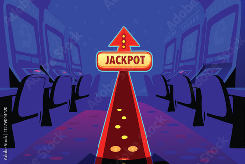 Design a vibrant casino floor plan incorporating glowing neon arrows pointing towards key areas like gaming tables, bars, and VIP lounges.  Emphasize futuristic elegance.
