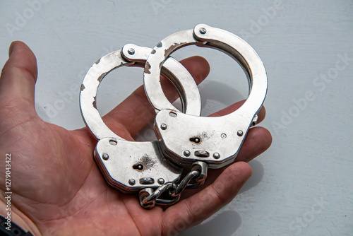 a man holding old worn handcuffs used to immobilize and limit the freedom of a criminal. means of direct coercion photo