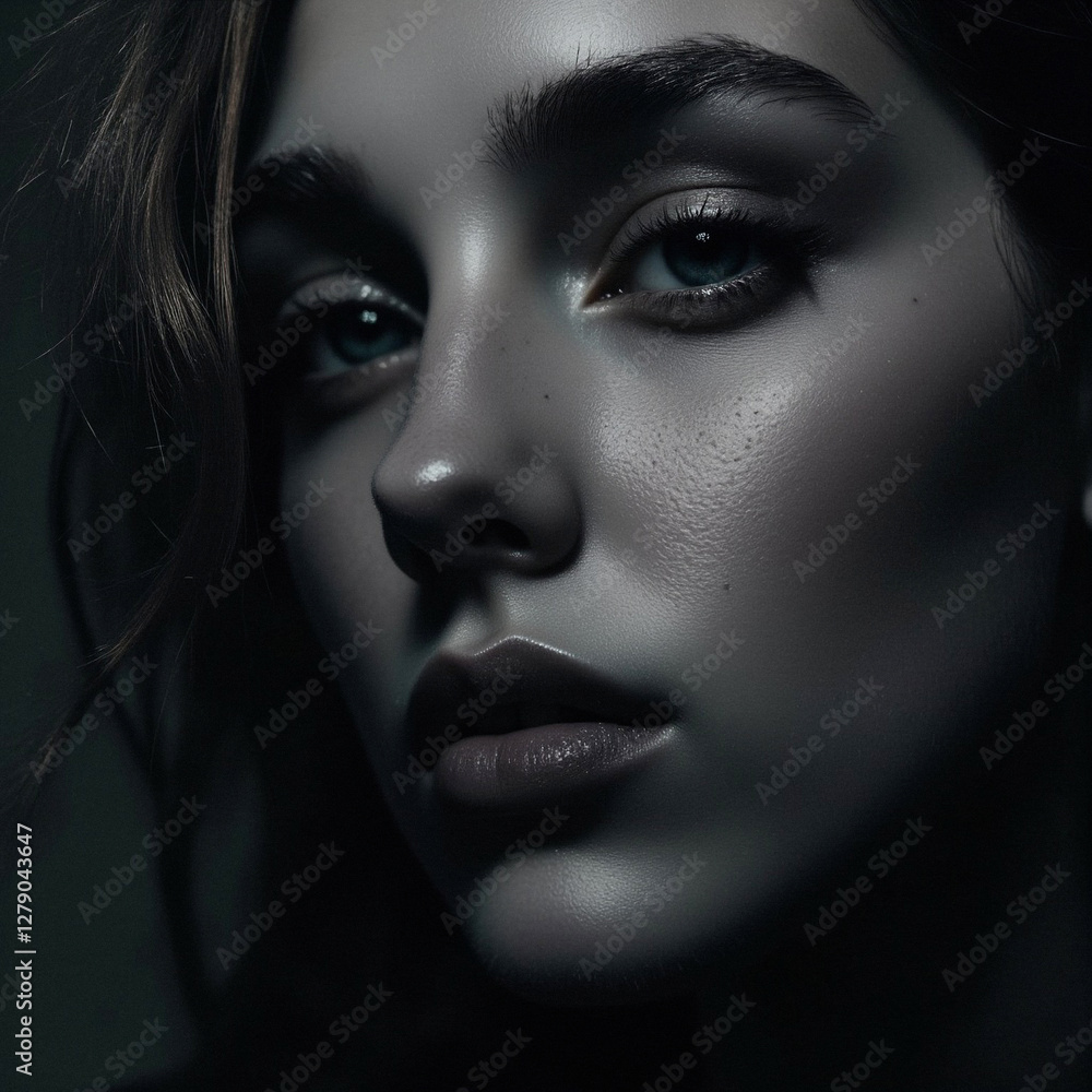 Gothic-glam model in low key lighting moody portrait.