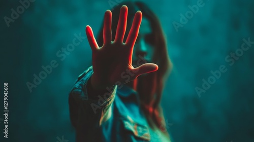 Stop Hand Gesture, Teal and Red Light