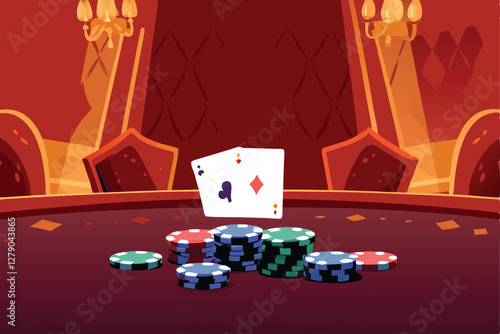 Create a vector illustration of a high-stakes poker game in a luxurious casino setting, showcasing cards, chips, and intense player expressions.