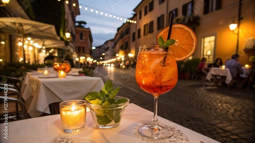 Fototapeta Naklejka Na Ścianę i Meble -  Aperol Spritz in Italian Cafe: Evening Drink on a Cobblestone Street