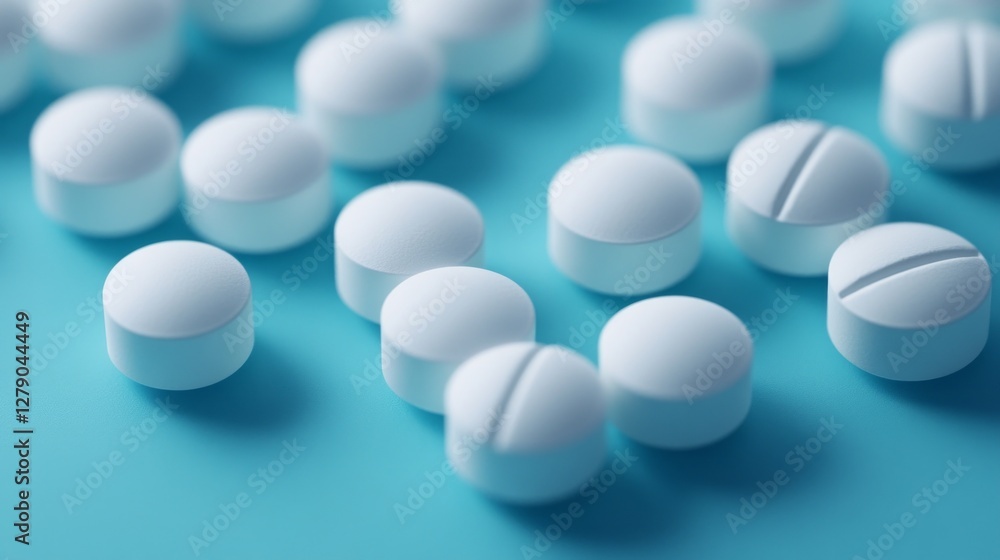 White Pills On A Light Blue Background. Medicine And Health. Close Up. White Pills On A Light Blue Background. Medicine And Health. Close Up.