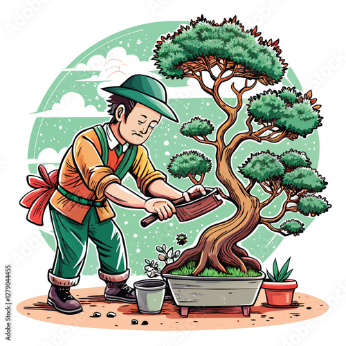 A meticulous gardener delicately prunes a miniature bonsai tree, showcasing precise trimming techniques.  The scene emphasizes focus and patience.