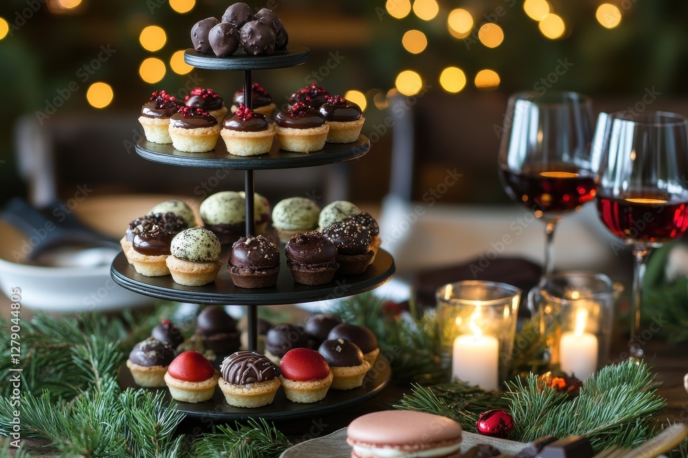 Assortment of delicious chocolate and vanilla mini cakes on a tiered stand. Perfect for holiday celebrations or special events, adding a touch of elegance. Assortment of delicious chocolate and vanilla mini cakes on a tiered stand. Perfect for holiday celebrations or special events, adding a touch of elegance.