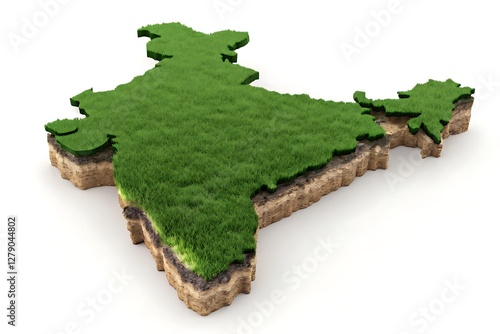 3D Topographic Map of India with Lush Green Grass and Floating Island Effect