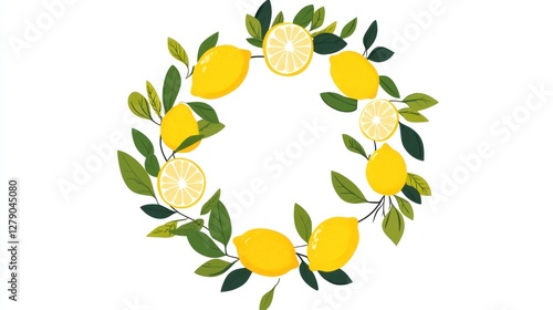 Lemon wreath frame, fresh citrus border, blank space for design, use as background image, graphic design element