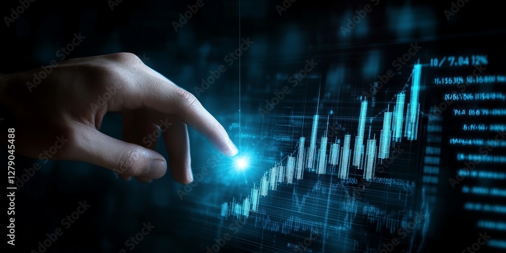 Hand Interacting with a Futuristic Financial Graph Displaying Growth and Success Hand Interacting with a Futuristic Financial Graph Displaying Growth and Success