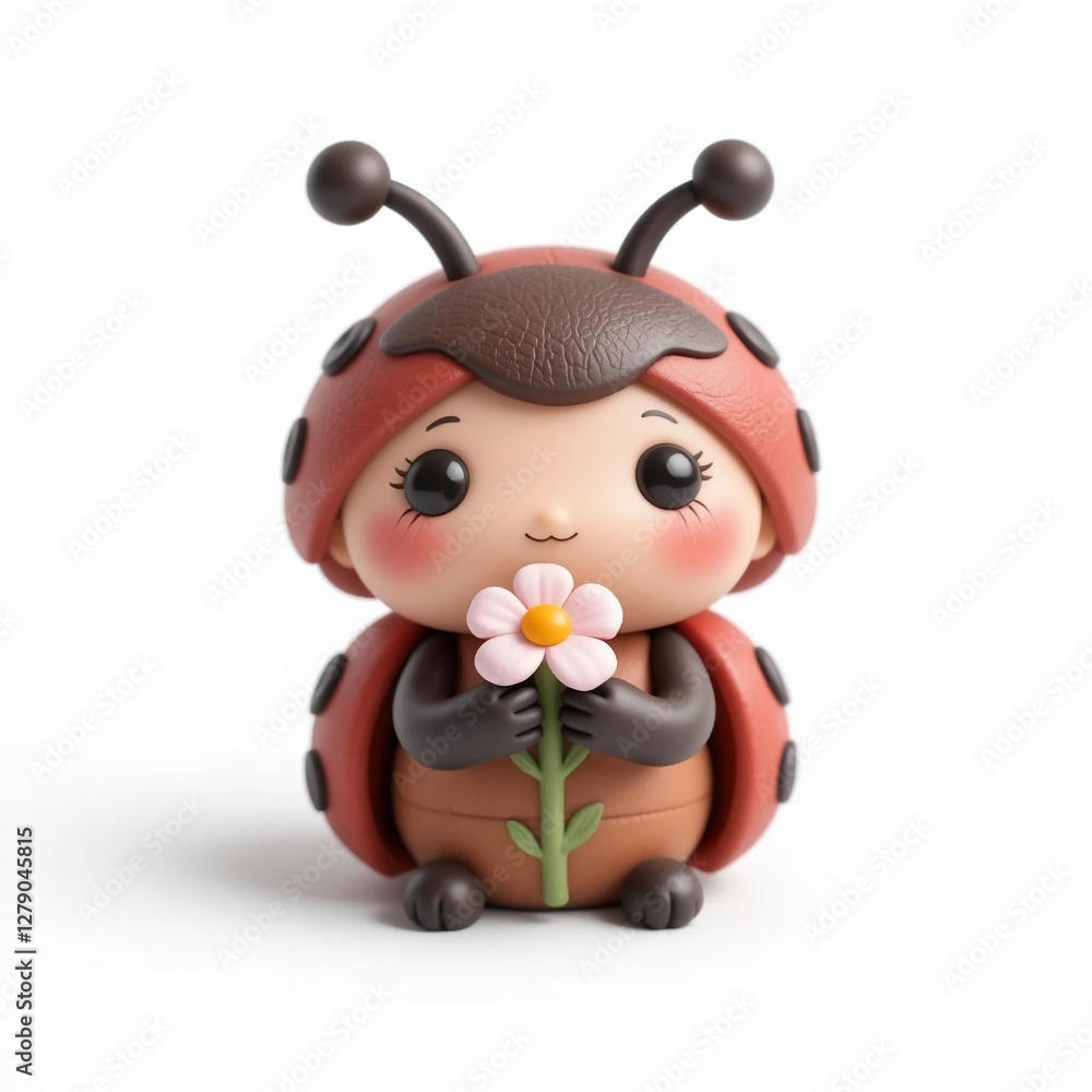 Naklejka premium Adorable Ladybug Figurine Holding Flower Cute Cartoon Insect Polymer Clay Craft Red and Brown