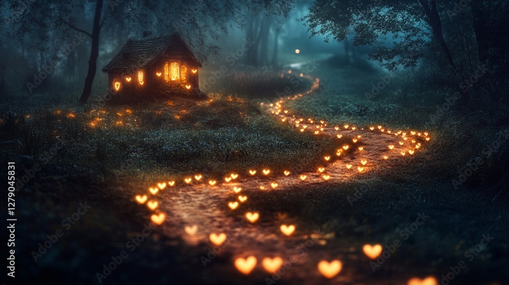 Obraz premium Enchanted Forest Path Leading to a Cozy Cottage at Night