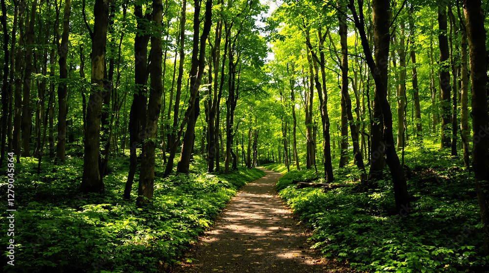 Lush Green Forest Path: Serene Woodland Trail with Sunlight Filtering Through Trees, Nature Walk in a Tranquil Environment Lush Green Forest Path: Serene Woodland Trail with Sunlight Filtering Through Trees, Nature Walk in a Tranquil Environment