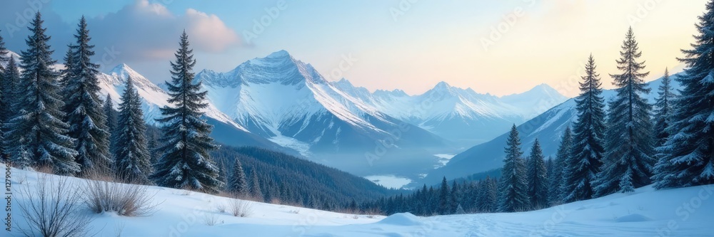Fototapeta premium Tall evergreen trees and snow-covered mountains in the distance, solitude, tranquility