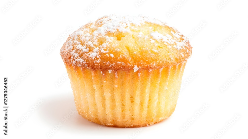 Golden Muffin Topped with Powdered Sugar on White Background in a Studio Shot Golden Muffin Topped with Powdered Sugar on White Background in a Studio Shot