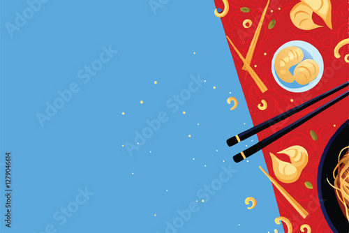 Design a vibrant vector banner showcasing delicious Chinese dumplings.  Include steaming dumplings, chopsticks, and traditional Asian patterns.