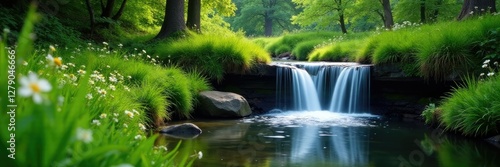 The sound of a waterfall in a secluded meadow pond area, brook, waterfall