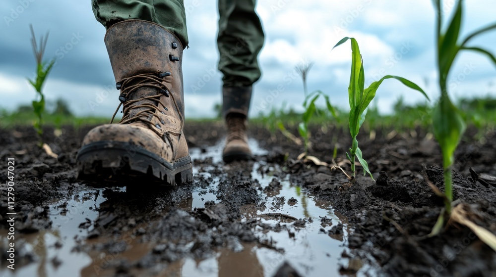 Farmer Wearing Work Boots Walking Through Muddy Cornfield Under Dramatic Cloudy Sky in Agricultural Landscape Farmer Wearing Work Boots Walking Through Muddy Cornfield Under Dramatic Cloudy Sky in Agricultural Landscape