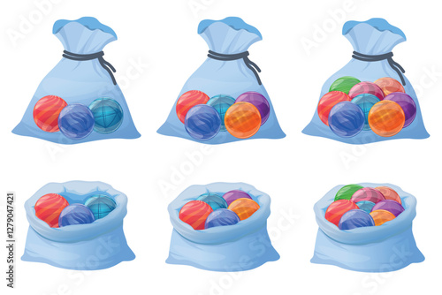 Glass balls in pouches. Marbles glossy spheres in bags. Old kids game. Accuracy and strength. Geometric shapes. Open or closed pouch. Transparent patterned elements. Beads vector set