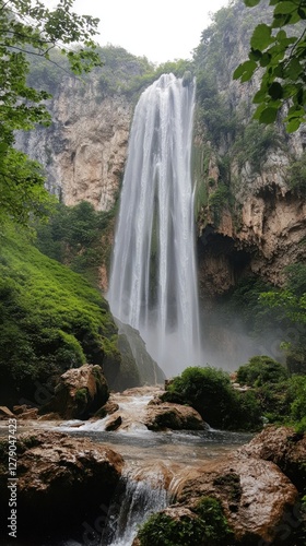 Dramatic waterfall cascading down majestic cliffs in a lush forest