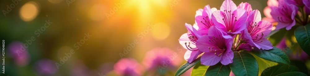 Naklejka premium Warm sunlight filters through purple rhododendron, nature, garden flowers