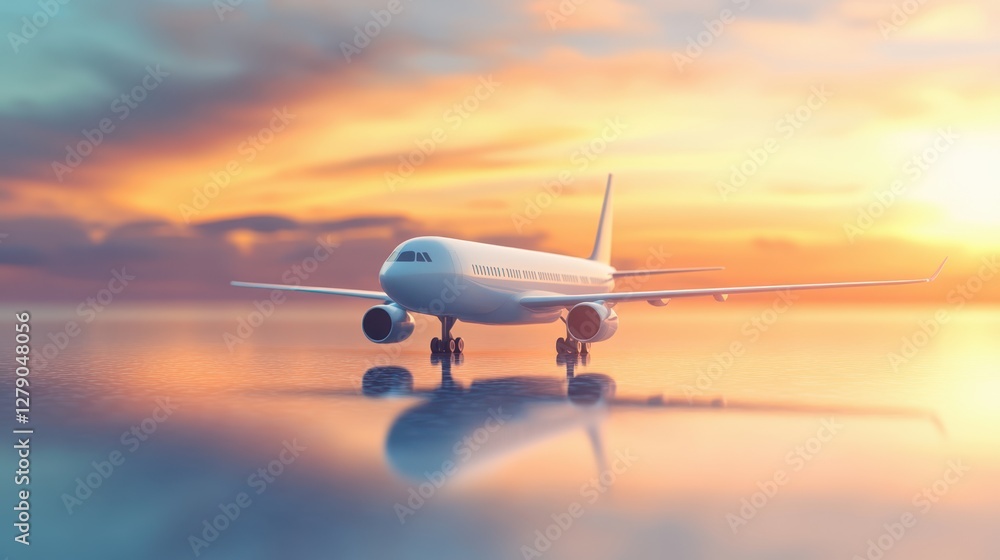 An airplane rests on the airport runway, silhouetted against a vibrant sunset sky, showcasing the beauty of air travel and evening tranquility. An airplane rests on the airport runway, silhouetted against a vibrant sunset sky, showcasing the beauty of air travel and evening tranquility.