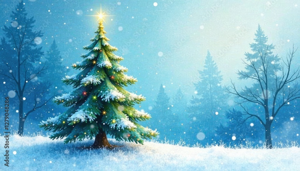 Watercolour wash of a Christmas tree against a blue background, Frosty Mornings, Seasonal Mood, Watercolour Wash Watercolour wash of a Christmas tree against a blue background, Frosty Mornings, Seasonal Mood, Watercolour Wash