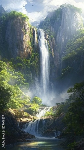 Majestic Waterfall Cascading Through Verdant Mountainside Paradise