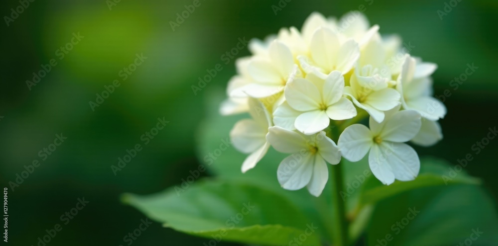 A delicate white hydrangea starts to unfurl its petals, stem, growth A delicate white hydrangea starts to unfurl its petals, stem, growth