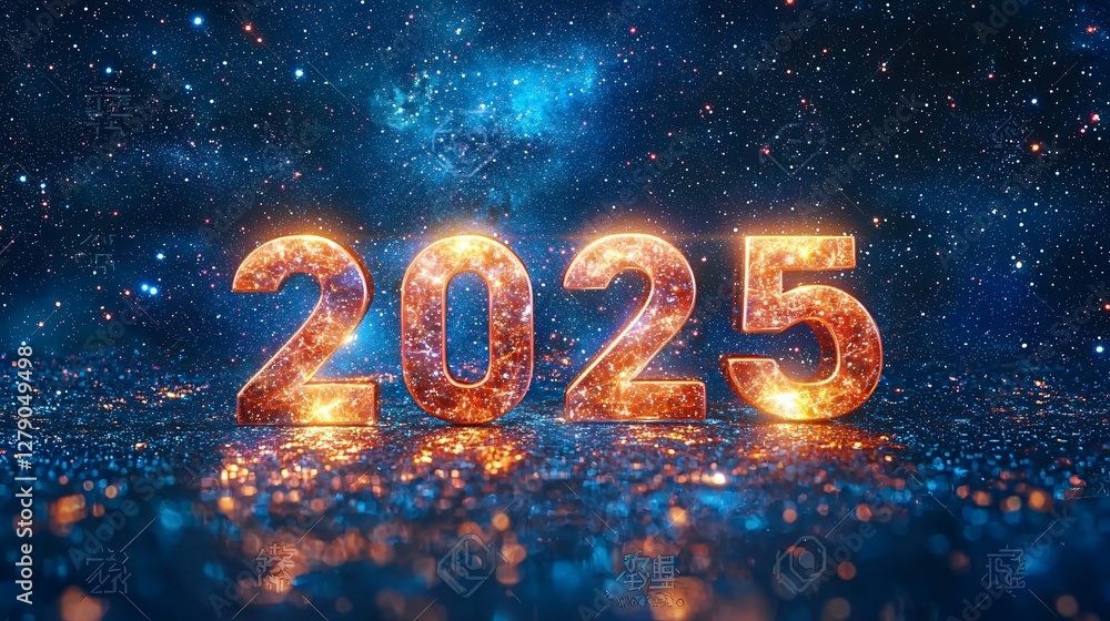 Futuristic 2025 New Year postcard design. Glowing numerals in a starry night sky with deep blues and golden accents. Ideal for tech, events, and hopeful future themes. Copy space. Futuristic 2025 New Year postcard design. Glowing numerals in a starry night sky with deep blues and golden accents. Ideal for tech, events, and hopeful future themes. Copy space.