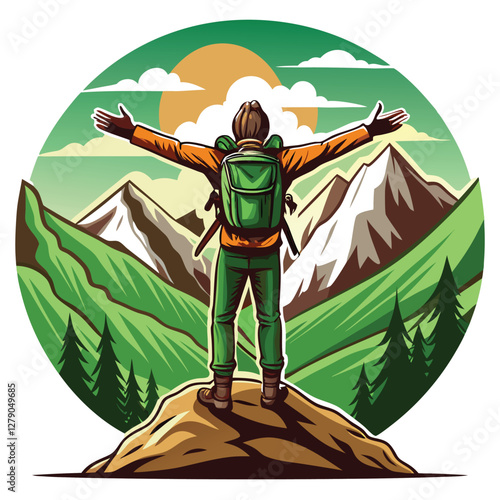A triumphant hiker with outstretched arms stands atop a majestic mountain peak, enjoying a panoramic vista.
